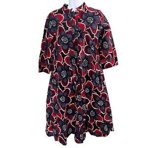 Zuri Kenya Long Shirtdress XXS Blue Red Floral Cotton 3/4 Sleeve Button Vacation